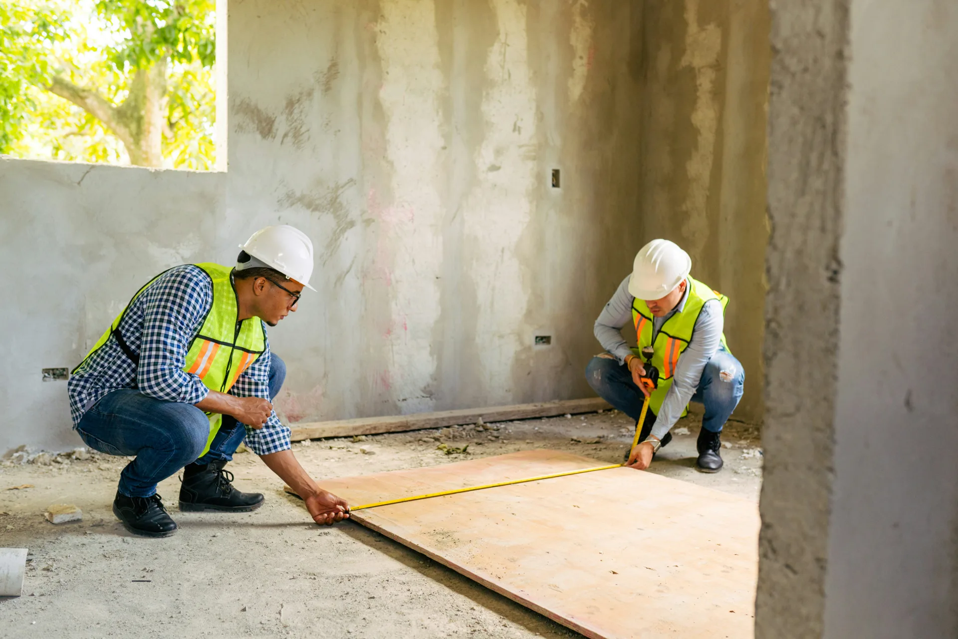 crew measuring a basement subfloor before a concrete pour in Laval